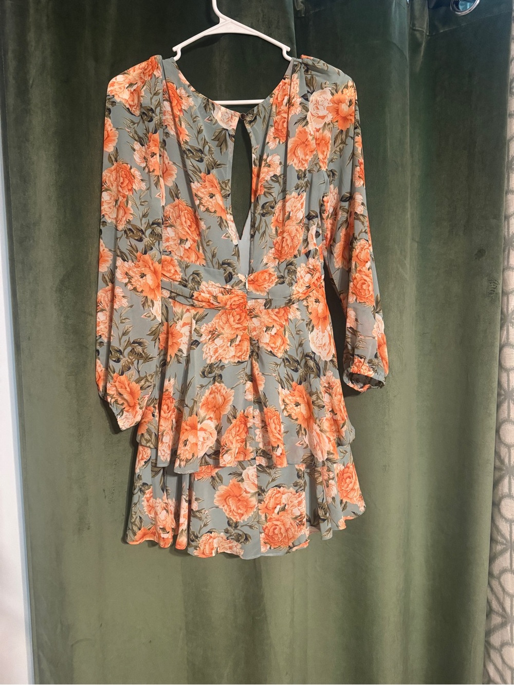 Hello Molly Sage Floral Tiered Mini Dress with Peach Blooms